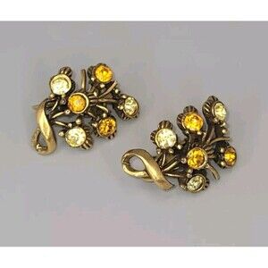 Vtg Coro Amber Huggie Rhinestone Clip On Earrings Flower Gold Tone Elegant